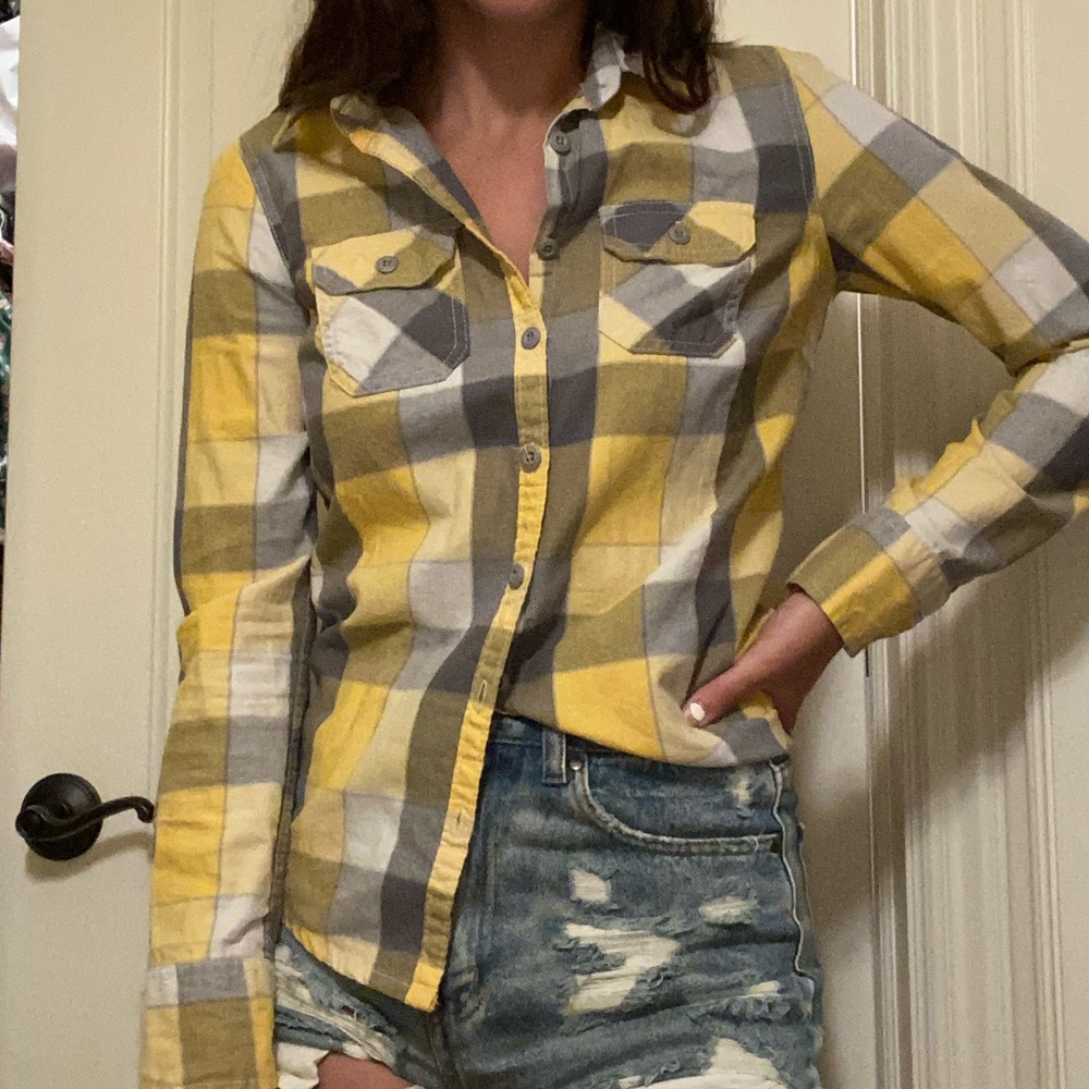 Yellow, Grey, and White Long Sleeve Flannel